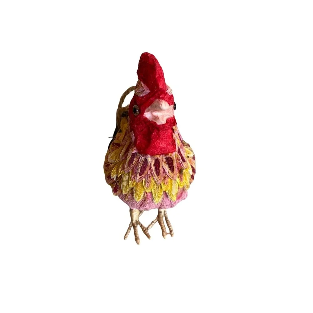 Silvestri Rooster Ornament Pink Yellow Handcrafted Paper Feather Folk Art Decor